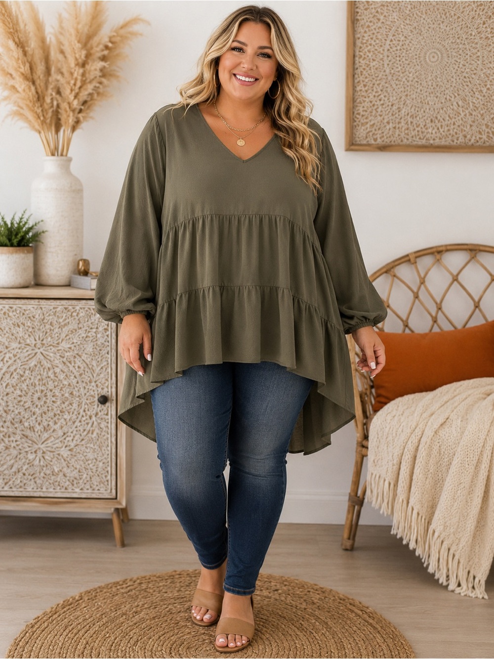 🌿 Est. 1946 Olive Green Fall Boho High-Low Blouse – Size 18/20